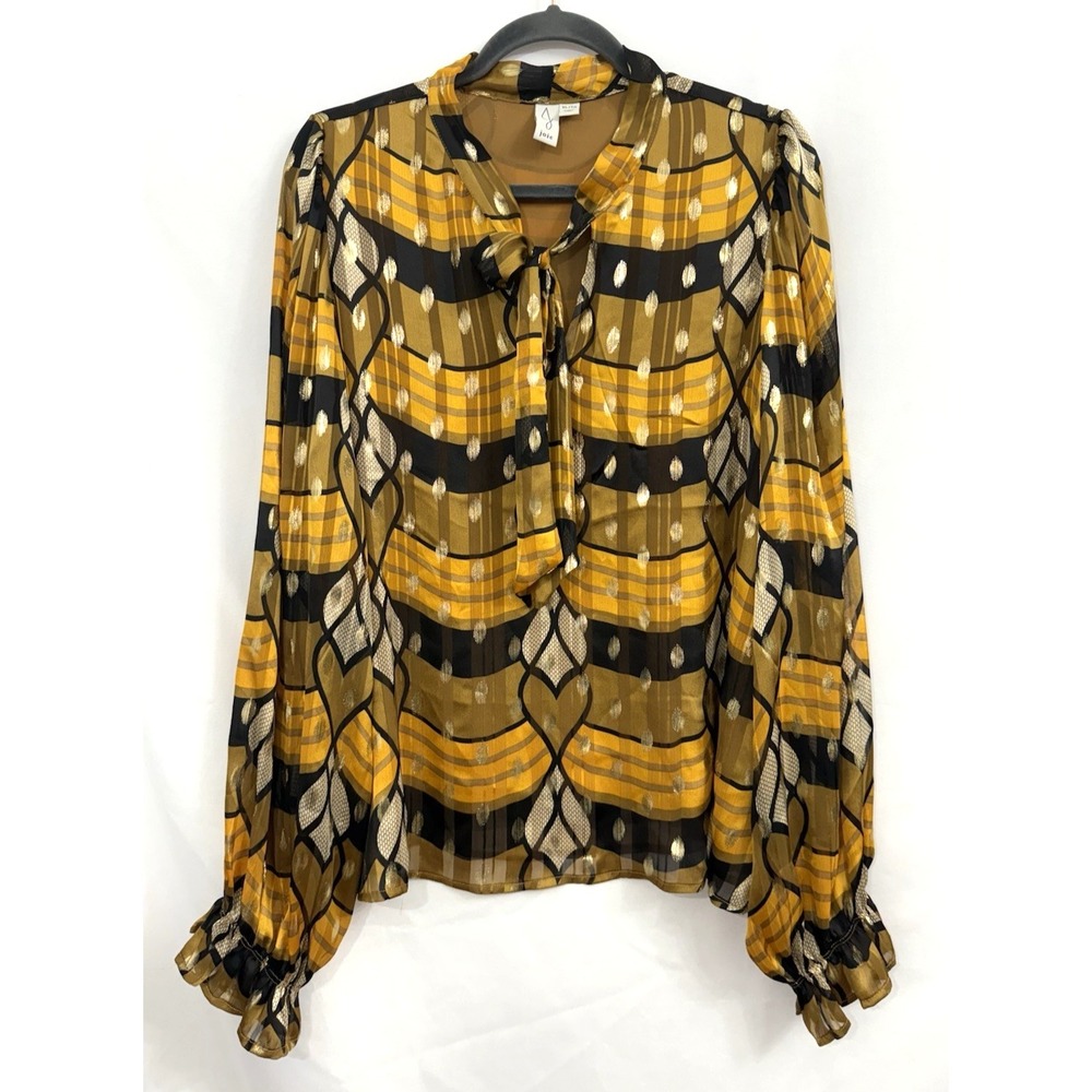 Joie Blouse Black Gold Geometric Tie Neck Long Sleeve Semi Sheer Top Womens XL